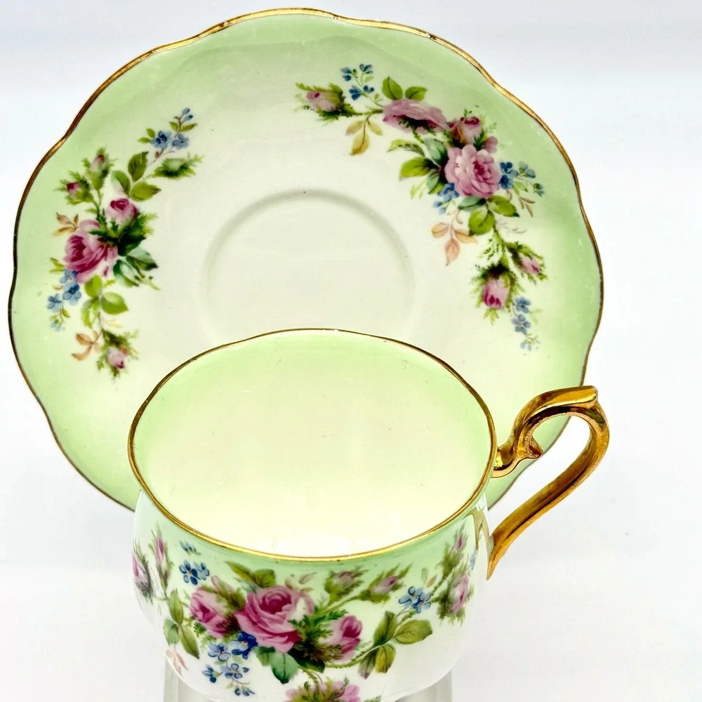 Royal Albert Teacup Saucer Bone China Vintage Green Pink Gold Tone